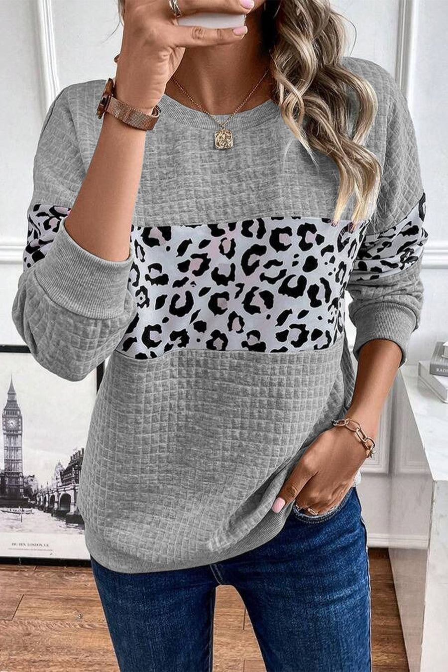 Bella Love Boutique California LLC Tops/Sweatshirts & Hoodies Gray / S / 97%Polyester+3%Elastane Parchment Leopard Quilted Patchwork Crew Neck Sweatshirt