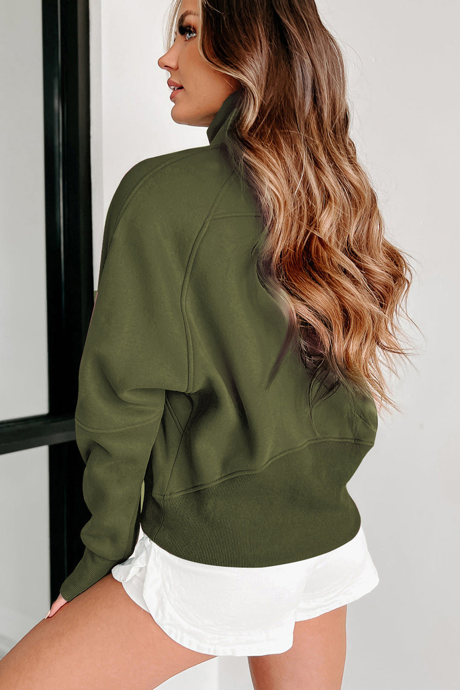 Bella Love Boutique California LLC Tops/Sweatshirts & Hoodies Green Fleece Lined Zip Up Stand Collar Thumbhole Sleeve Sweatshirt