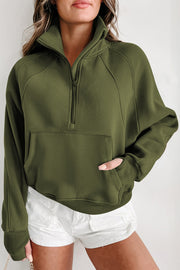 Bella Love Boutique California LLC Tops/Sweatshirts & Hoodies Green Fleece Lined Zip Up Stand Collar Thumbhole Sleeve Sweatshirt