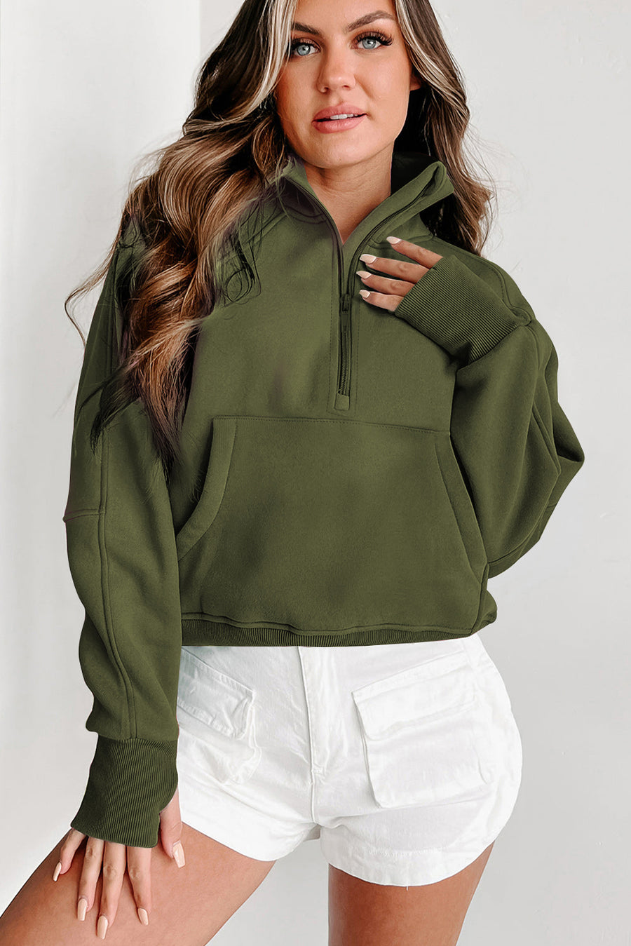 Bella Love Boutique California LLC Tops/Sweatshirts & Hoodies Green Fleece Lined Zip Up Stand Collar Thumbhole Sleeve Sweatshirt