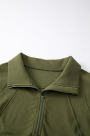 Green Fleece Lined Zip Up Stand Collar Thumbhole Sleeve Sweatshirt