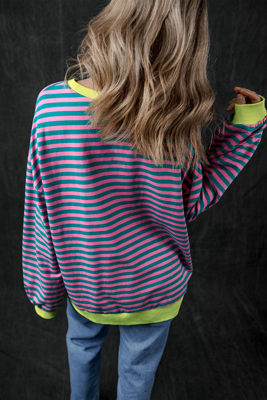 Bella Love Boutique California LLC Tops/Sweatshirts & Hoodies Green Stripe Oversized Contrast Trim Pullover Sweatshirt