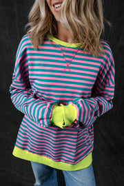 Bella Love Boutique California LLC Tops/Sweatshirts & Hoodies Green Stripe Oversized Contrast Trim Pullover Sweatshirt