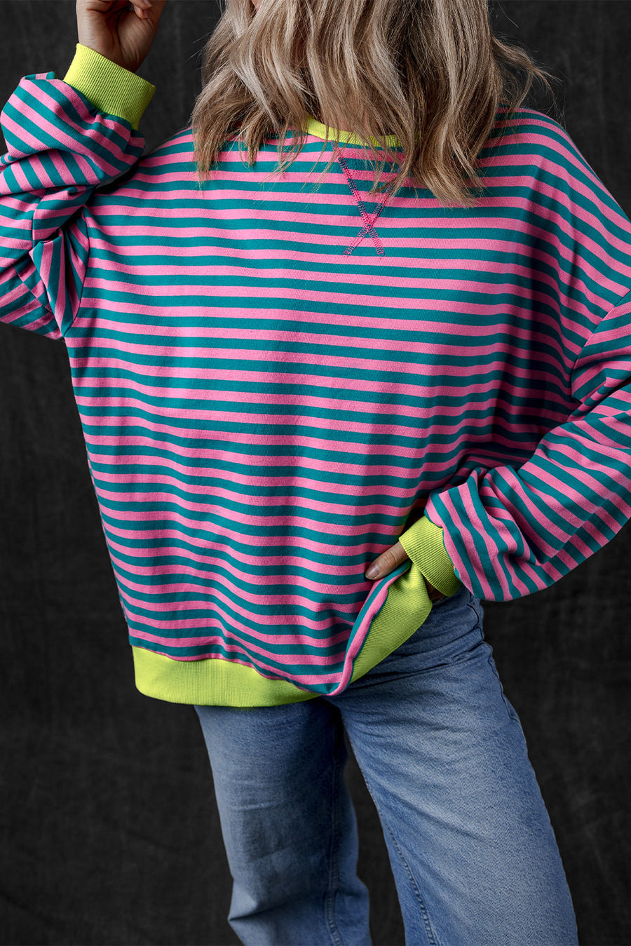 Bella Love Boutique California LLC Tops/Sweatshirts & Hoodies Green Stripe Oversized Contrast Trim Pullover Sweatshirt