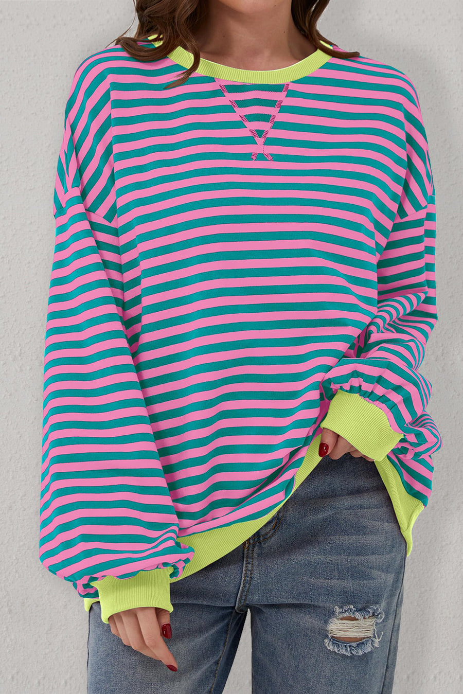 Bella Love Boutique California LLC Tops/Sweatshirts & Hoodies Green Stripe Oversized Contrast Trim Pullover Sweatshirt