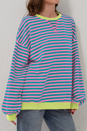 Bella Love Boutique California LLC Tops/Sweatshirts & Hoodies Green Stripe Oversized Contrast Trim Pullover Sweatshirt