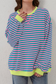 Green Stripe Oversized Contrast Trim Pullover Sweatshirt