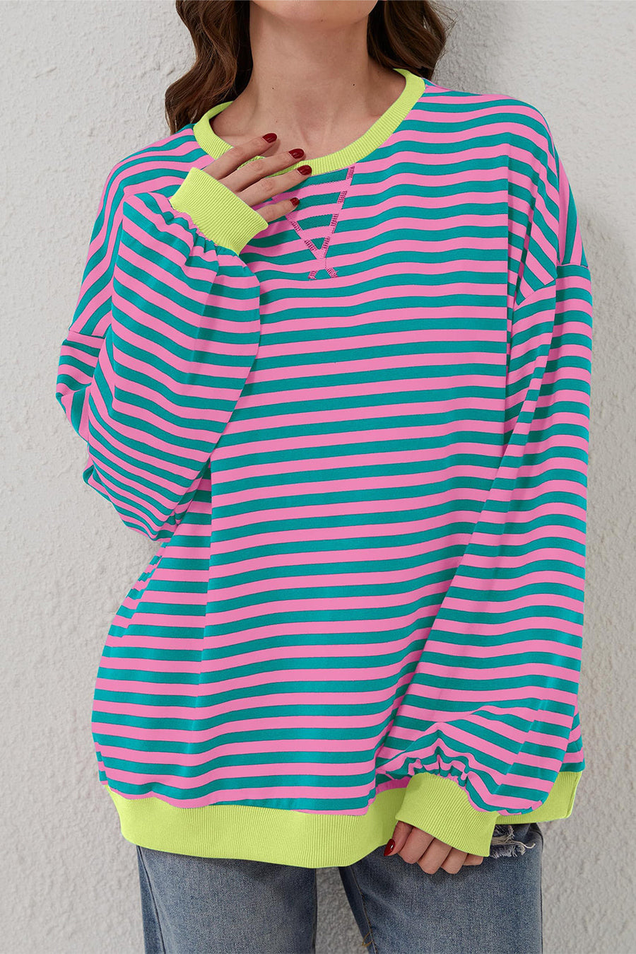 Bella Love Boutique California LLC Tops/Sweatshirts & Hoodies Green Stripe Oversized Contrast Trim Pullover Sweatshirt