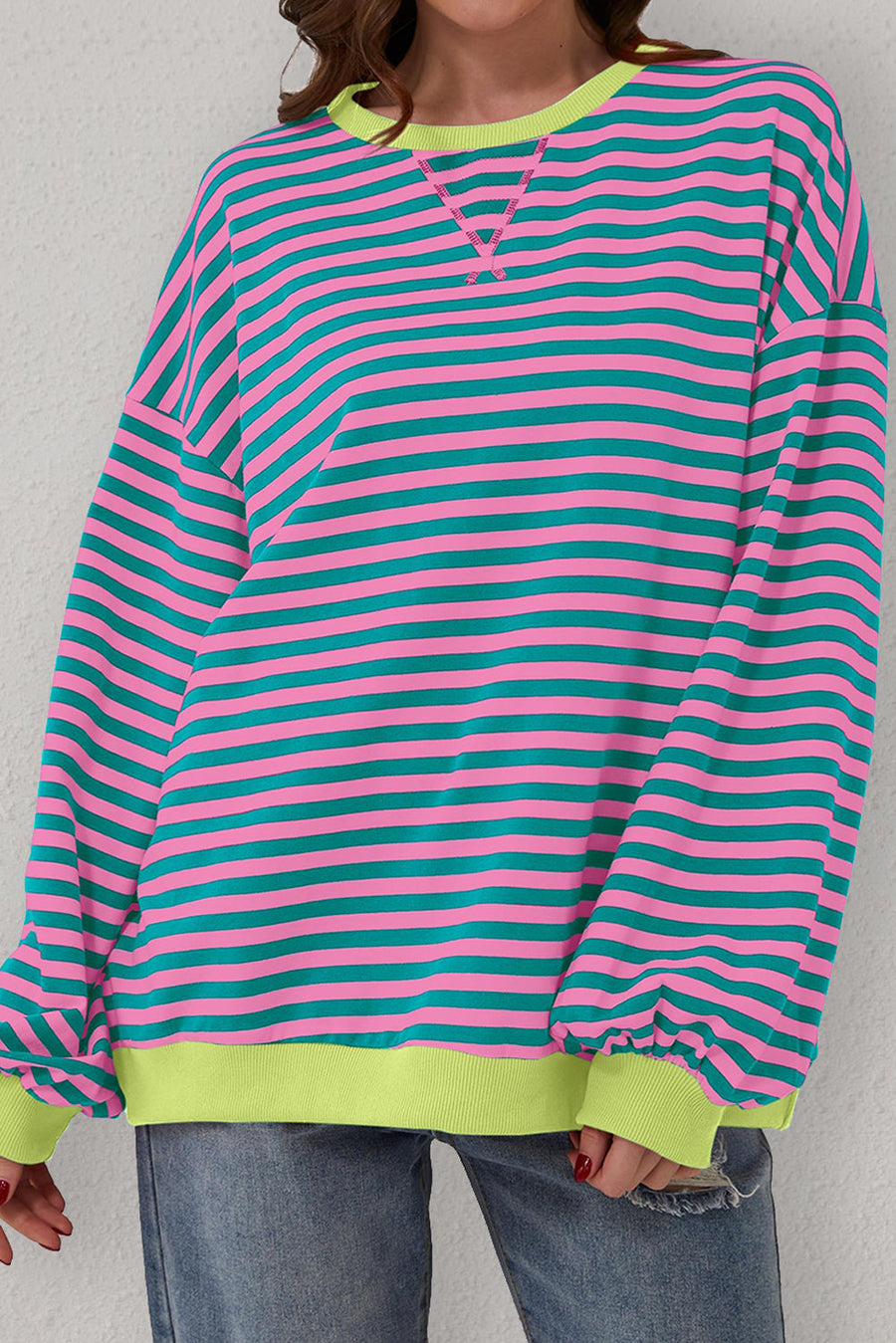 Bella Love Boutique California LLC Tops/Sweatshirts & Hoodies Green Stripe Oversized Contrast Trim Pullover Sweatshirt