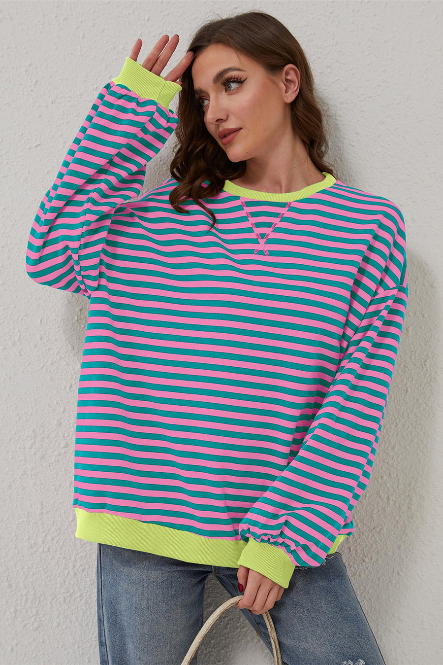 Bella Love Boutique California LLC Tops/Sweatshirts & Hoodies Green Stripe Oversized Contrast Trim Pullover Sweatshirt