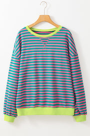 Bella Love Boutique California LLC Tops/Sweatshirts & Hoodies Green Stripe Oversized Contrast Trim Pullover Sweatshirt