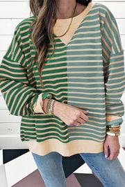Bella Love Boutique California LLC Tops/Sweatshirts & Hoodies Green Stripe / S / 95%Cotton+5%Elastane Casual Stripe Colorblock Drop Shoulder Oversize Sweatshirt