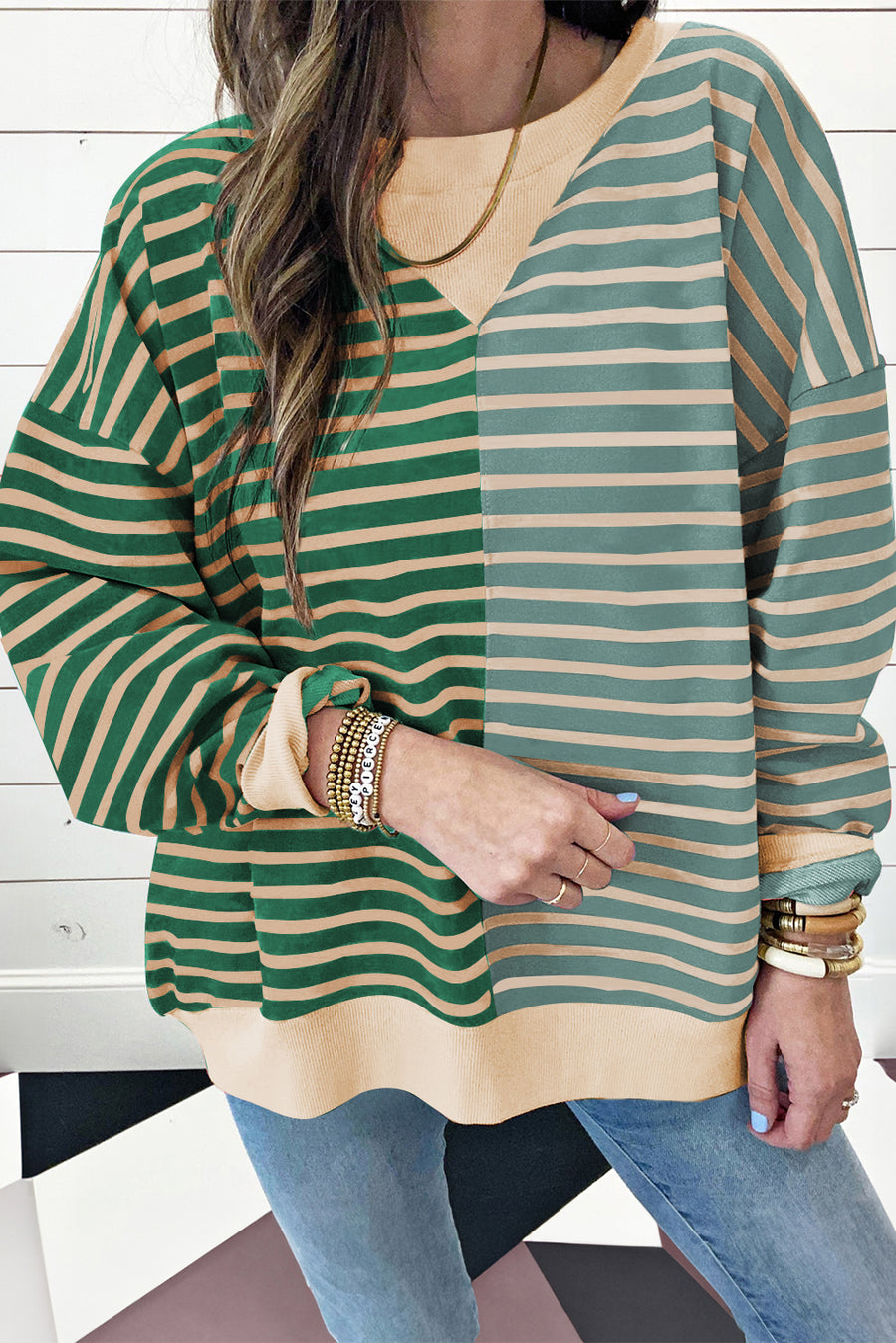 Bella Love Boutique California LLC Tops/Sweatshirts & Hoodies Green Stripe / S / 95%Cotton+5%Elastane Casual Stripe Colorblock Drop Shoulder Oversize Sweatshirt
