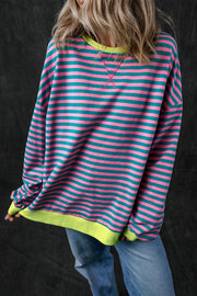 Bella Love Boutique California LLC Tops/Sweatshirts & Hoodies Green Stripe / S / 95%Cotton+5%Elastane Green Stripe Oversized Contrast Trim Pullover Sweatshirt