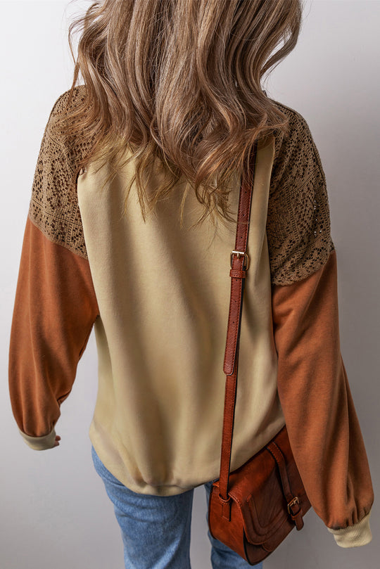 Bella Love Boutique California LLC Tops/Sweatshirts & Hoodies Khaki Lace Patchwork Colorblock Drop Shoulder Sweatshirt