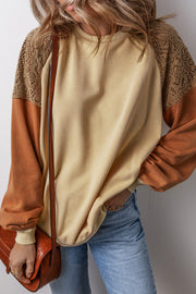 Bella Love Boutique California LLC Tops/Sweatshirts & Hoodies Khaki Lace Patchwork Colorblock Drop Shoulder Sweatshirt