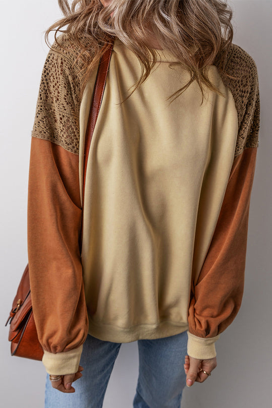 Bella Love Boutique California LLC Tops/Sweatshirts & Hoodies Khaki / S / 65%Polyester+35%Cotton Khaki Lace Patchwork Colorblock Drop Shoulder Sweatshirt