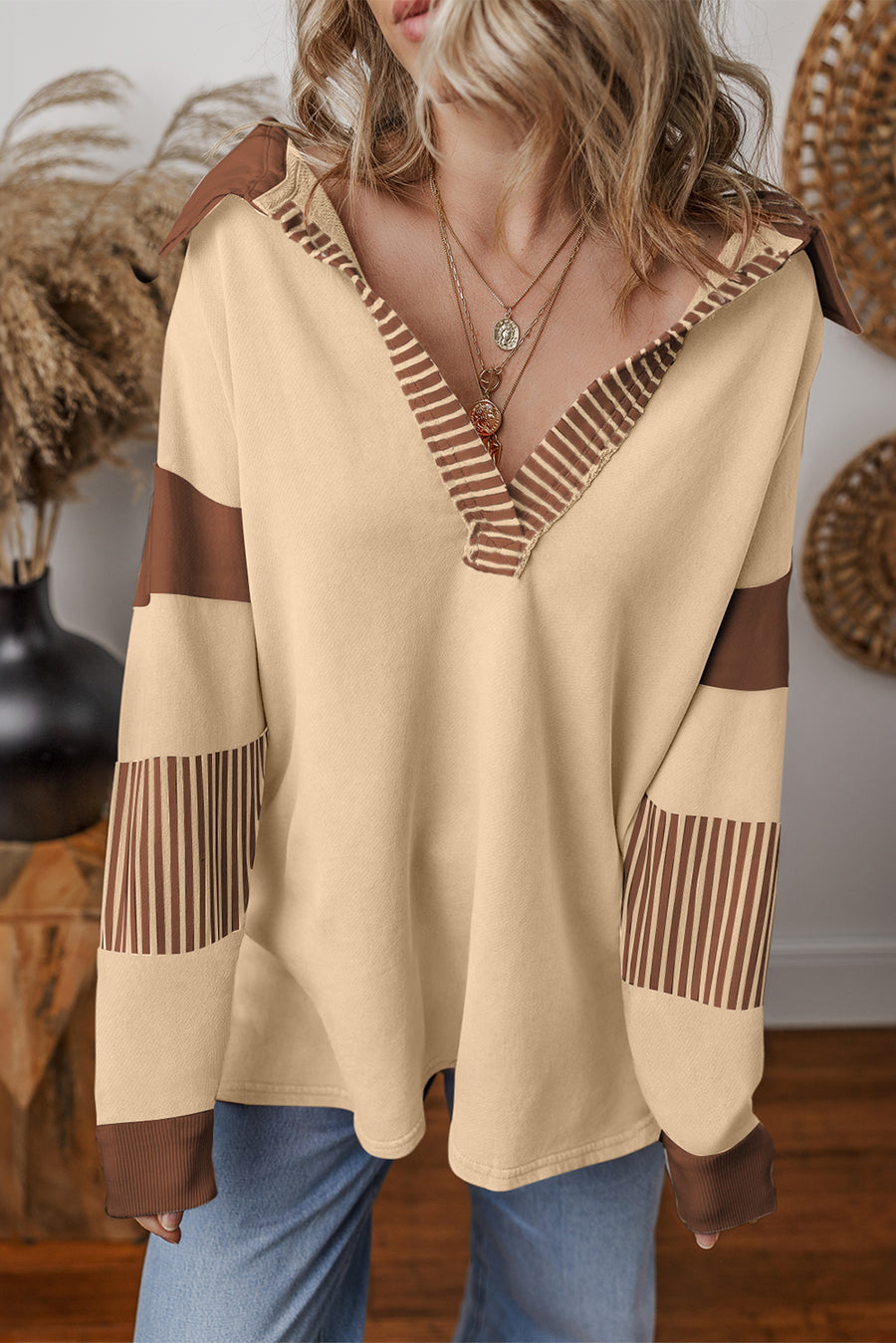 Bella Love Boutique California LLC Tops/Sweatshirts & Hoodies Light French Beige / S / 50%Polyester+50%Cotton Black Striped Colorblock Patchwork Collar Sweatshirt