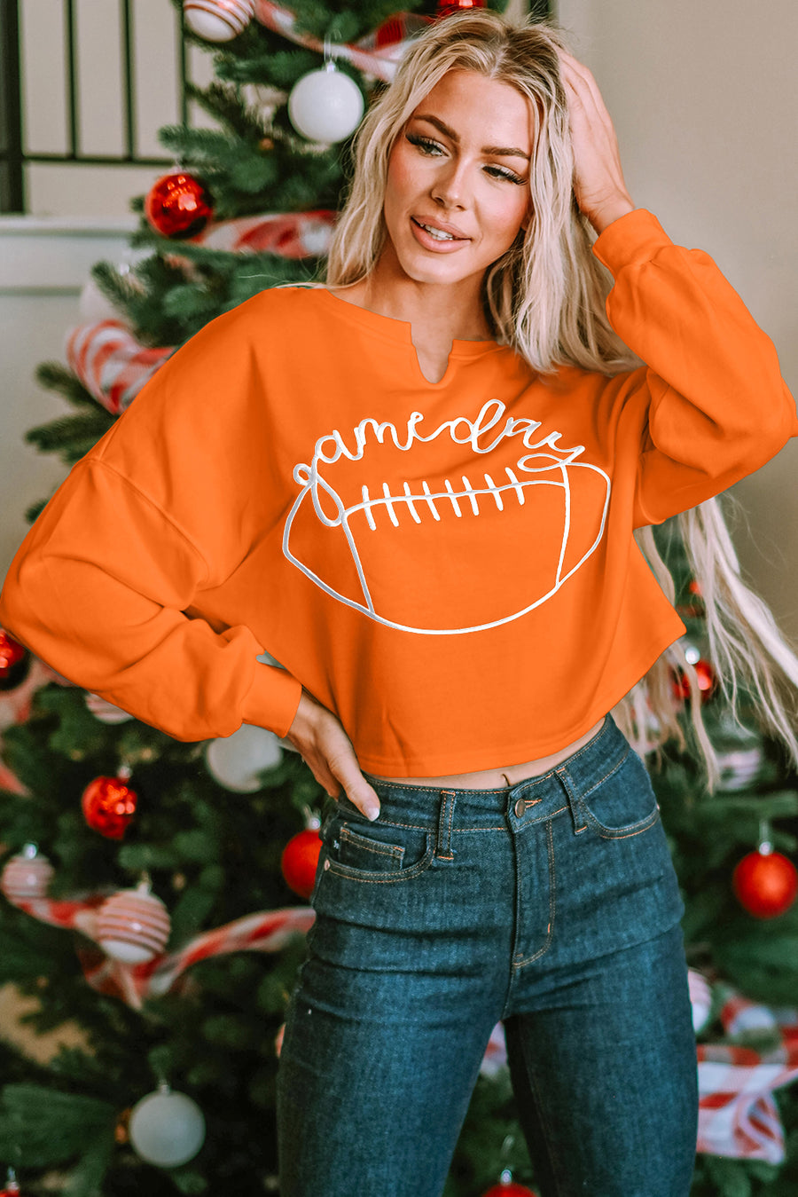 Bella Love Boutique California LLC Tops/Sweatshirts & Hoodies Orange Game Day Lettering Rugby Football Notched Neck Sweatshirt