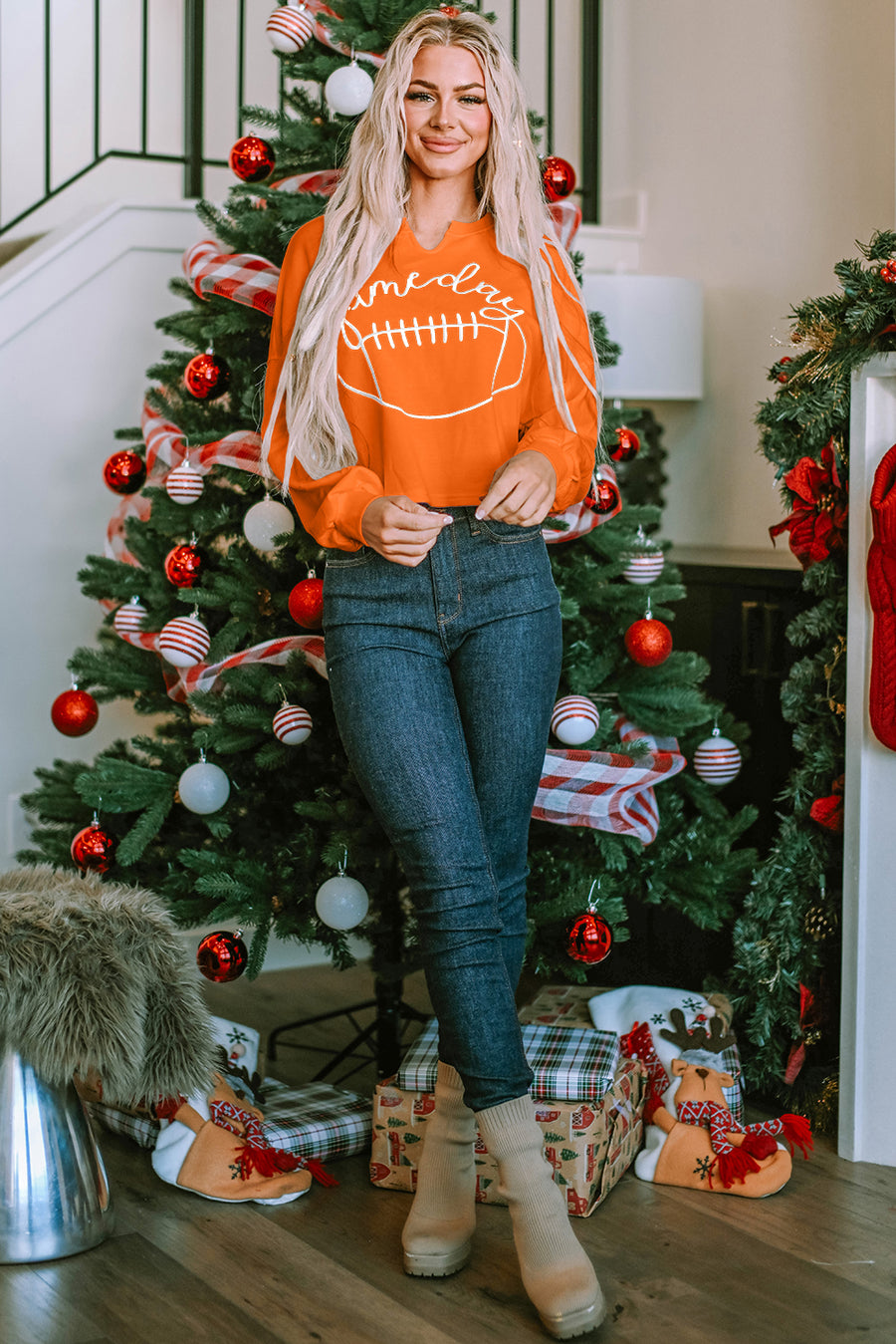 Bella Love Boutique California LLC Tops/Sweatshirts & Hoodies Orange Game Day Lettering Rugby Football Notched Neck Sweatshirt