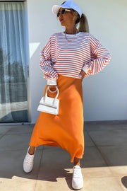 Bella Love Boutique California LLC Tops/Sweatshirts & Hoodies Orange Stripe Drop Shoulder Crew Neck Loose Sweatshirt