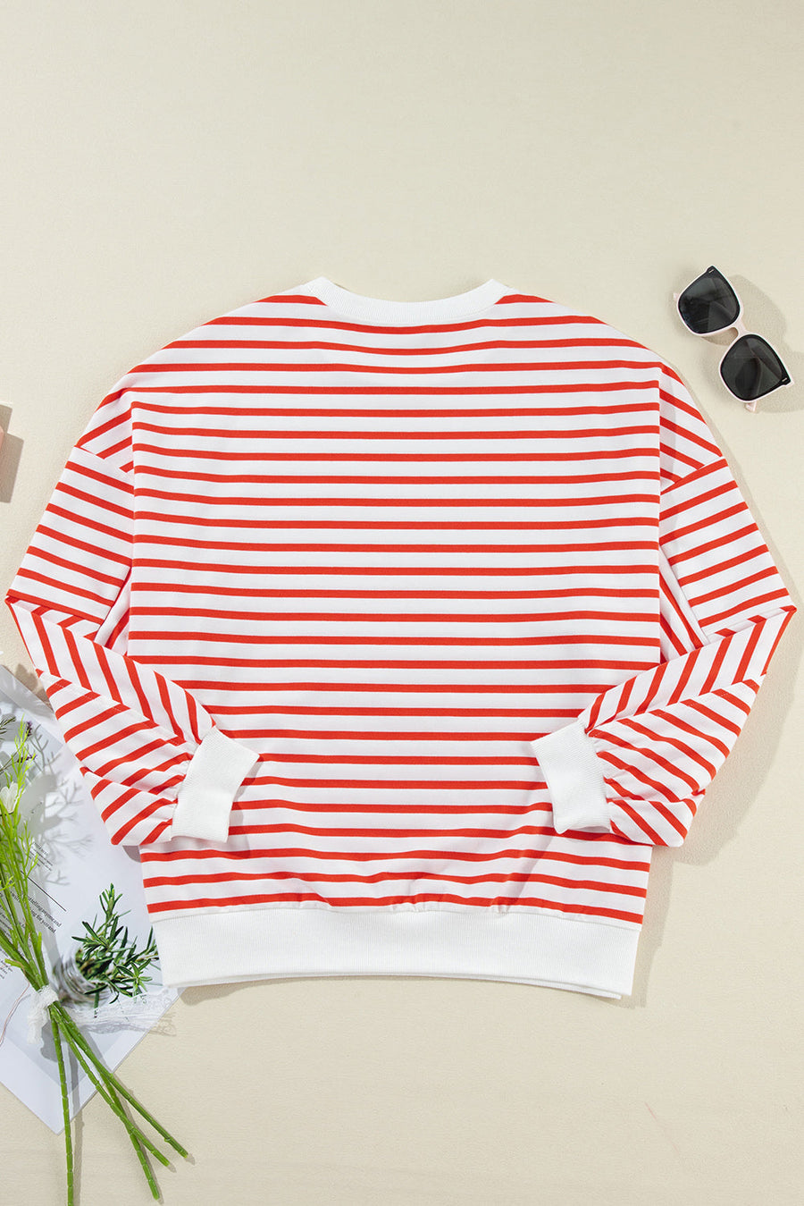 Orange Stripe Drop Shoulder Crew Neck Loose Sweatshirt