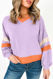 Orchid Bouquet Contrast Rib Knit Patchwork Drop Shoulder V Neck Sweatshirt