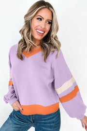 Bella Love Boutique California LLC Tops/Sweatshirts & Hoodies Orchid Bouquet Contrast Rib Knit Patchwork Drop Shoulder V Neck Sweatshirt