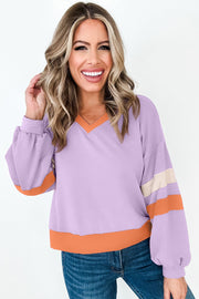 Orchid Bouquet Contrast Rib Knit Patchwork Drop Shoulder V Neck Sweatshirt