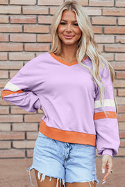 Bella Love Boutique California LLC Tops/Sweatshirts & Hoodies Orchid Bouquet / S / 65%Polyester+35%Cotton Orchid Bouquet Contrast Rib Knit Patchwork Drop Shoulder V Neck Sweatshirt