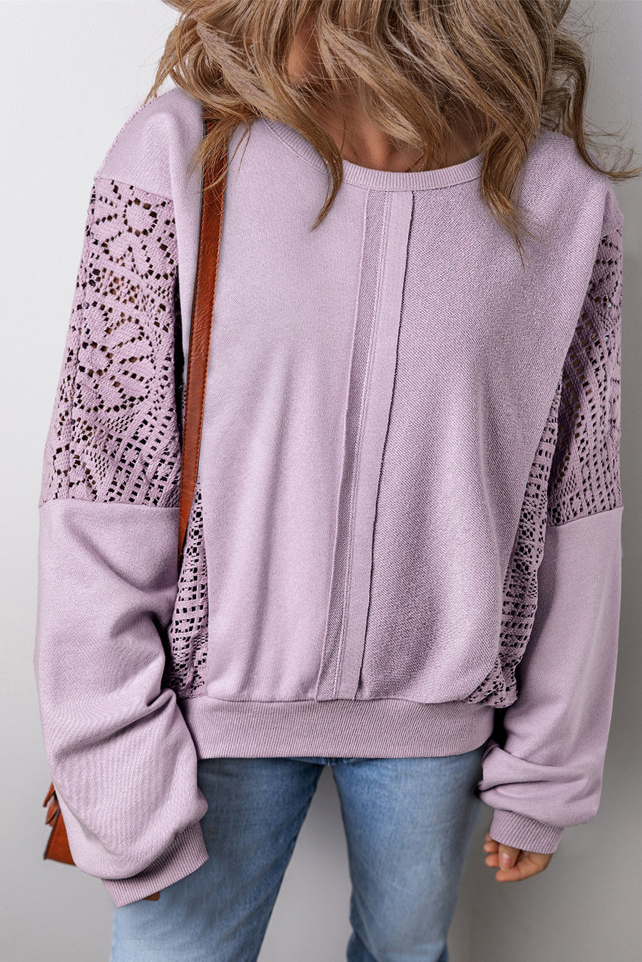 Bella Love Boutique California LLC Tops/Sweatshirts & Hoodies Orchid Petal / S / 59%Polyester+41%Cotton Parchment Knit Crochet Exposed Seam Ribbed Trim Sweatshirt