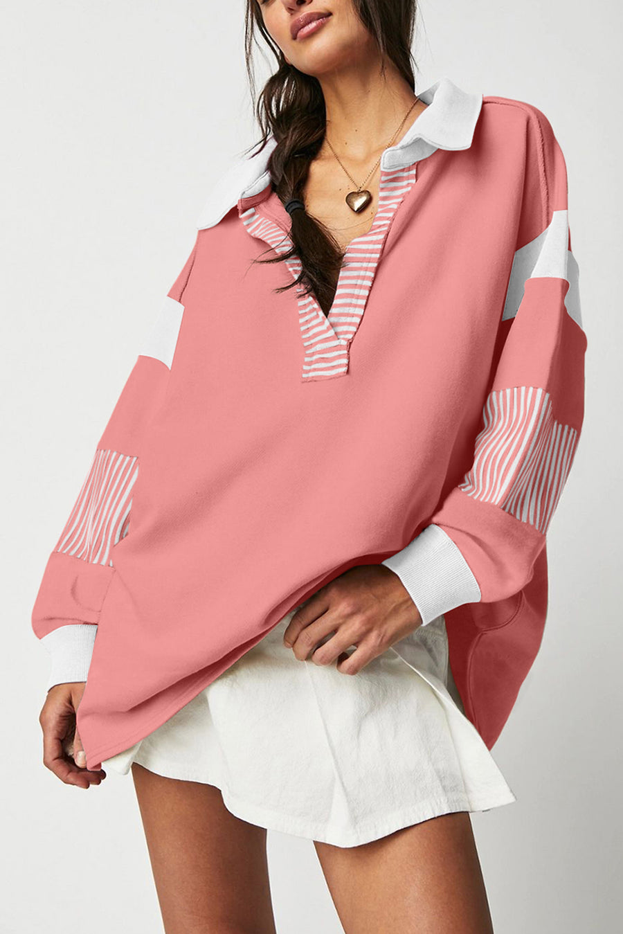 Bella Love Boutique California LLC Tops/Sweatshirts & Hoodies Pale Chestnut / S / 50%Polyester+50%Cotton Black Striped Colorblock Patchwork Collar Sweatshirt