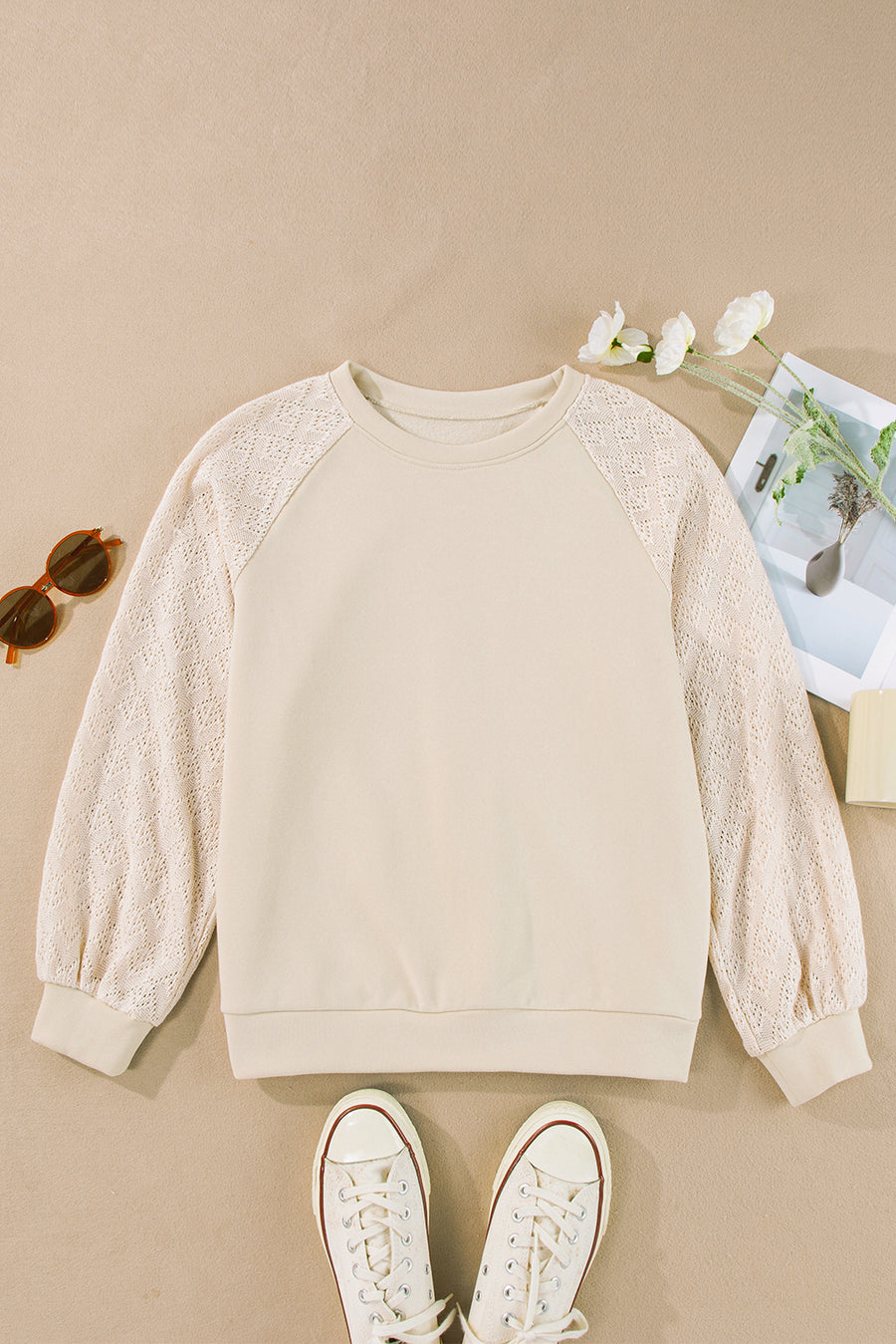 Parchment Eyelet Knit Patchwork Raglan Sleeve Pullover Top