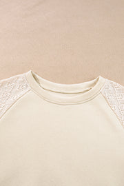 Parchment Eyelet Knit Patchwork Raglan Sleeve Pullover Top