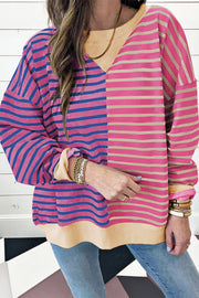 Bella Love Boutique California LLC Tops/Sweatshirts & Hoodies Pink Stripe / S / 95%Cotton+5%Elastane Casual Stripe Colorblock Drop Shoulder Oversize Sweatshirt