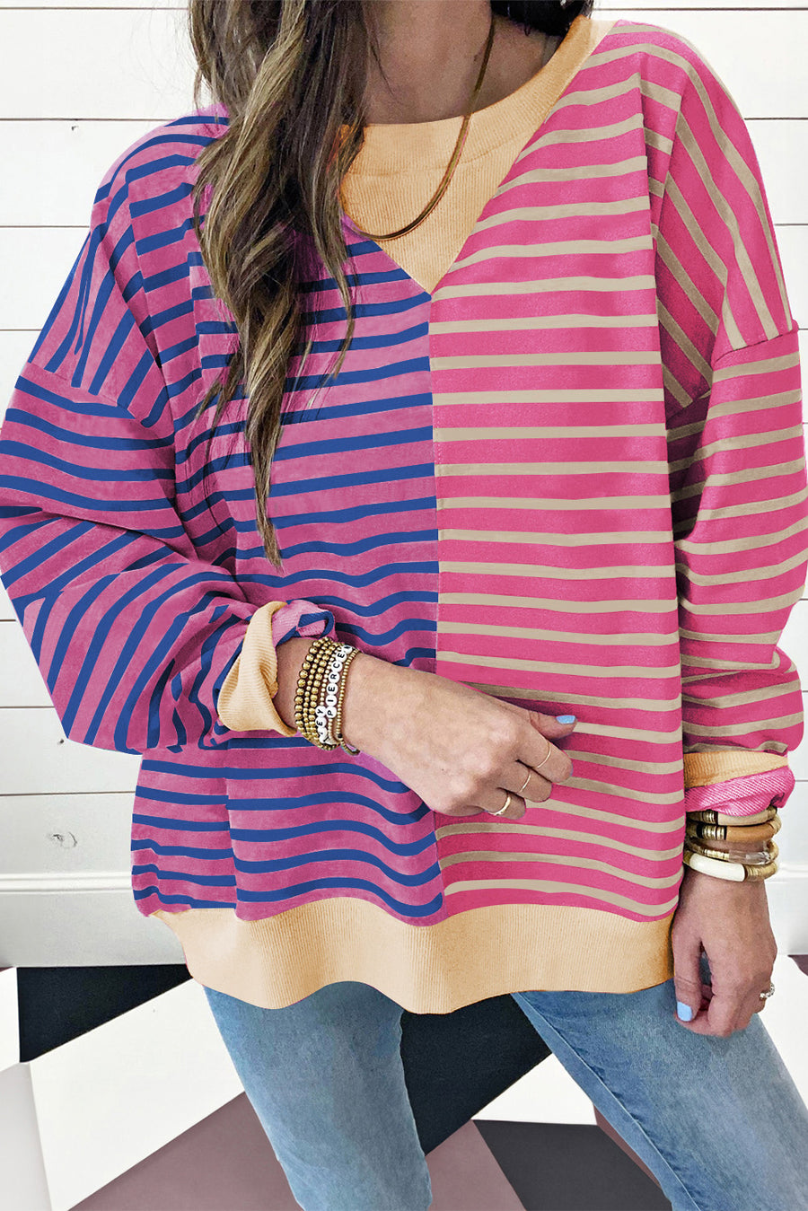 Bella Love Boutique California LLC Tops/Sweatshirts & Hoodies Pink Stripe / S / 95%Cotton+5%Elastane Casual Stripe Colorblock Drop Shoulder Oversize Sweatshirt