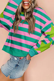 Bella Love Boutique California LLC Tops/Sweatshirts & Hoodies Pink Stripe / S / 95%Cotton+5%Elastane Pink Stripe Star Patchwork Round Neck Pullover Sweatshirt