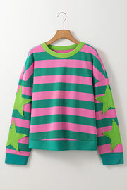 Bella Love Boutique California LLC Tops/Sweatshirts & Hoodies Pink Stripe Star Patchwork Round Neck Pullover Sweatshirt