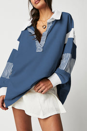 Bella Love Boutique California LLC Tops/Sweatshirts & Hoodies Sail Blue / S / 50%Polyester+50%Cotton Black Striped Colorblock Patchwork Collar Sweatshirt