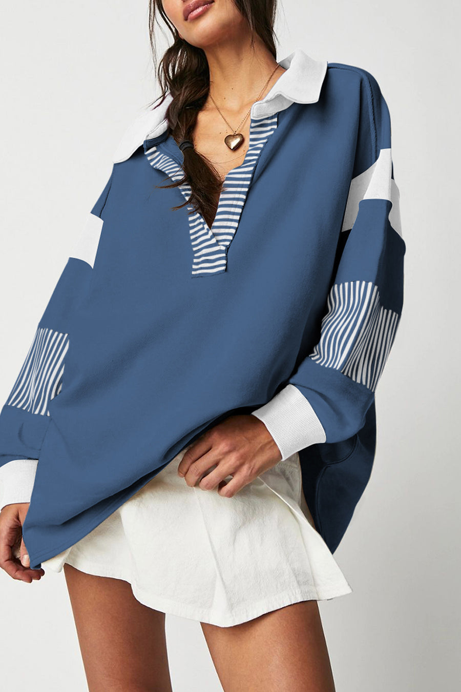 Bella Love Boutique California LLC Tops/Sweatshirts & Hoodies Sail Blue / S / 50%Polyester+50%Cotton Black Striped Colorblock Patchwork Collar Sweatshirt