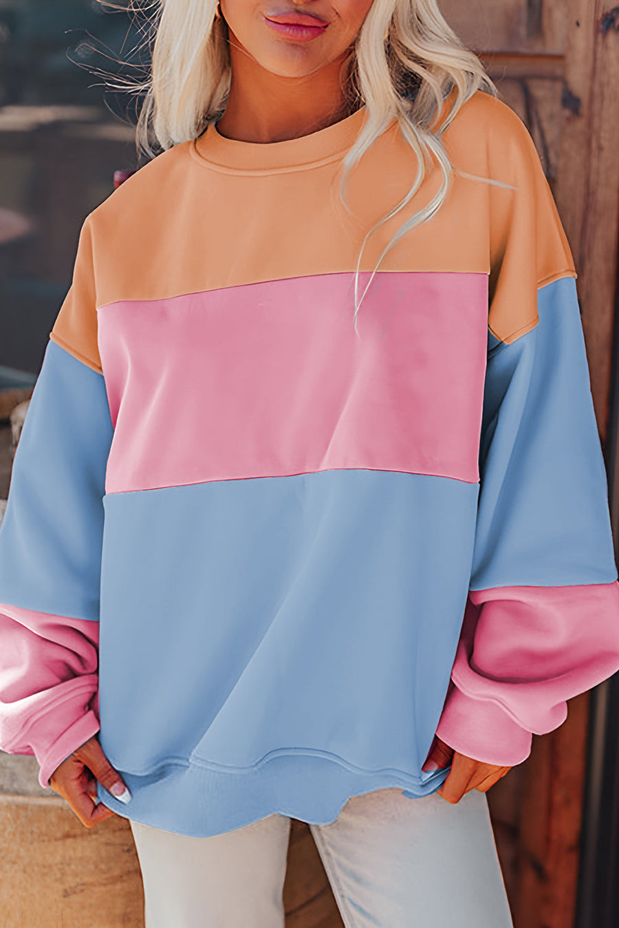 Bella Love Boutique California LLC Tops/Sweatshirts & Hoodies Sky Blue / S / 70%Polyester+30%Cotton Blossom Colorblock Patchwork Drop Shoulder Sweatshirt