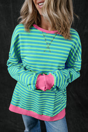 Sky Blue Stripe Oversized Contrast Trim Pullover Sweatshirt