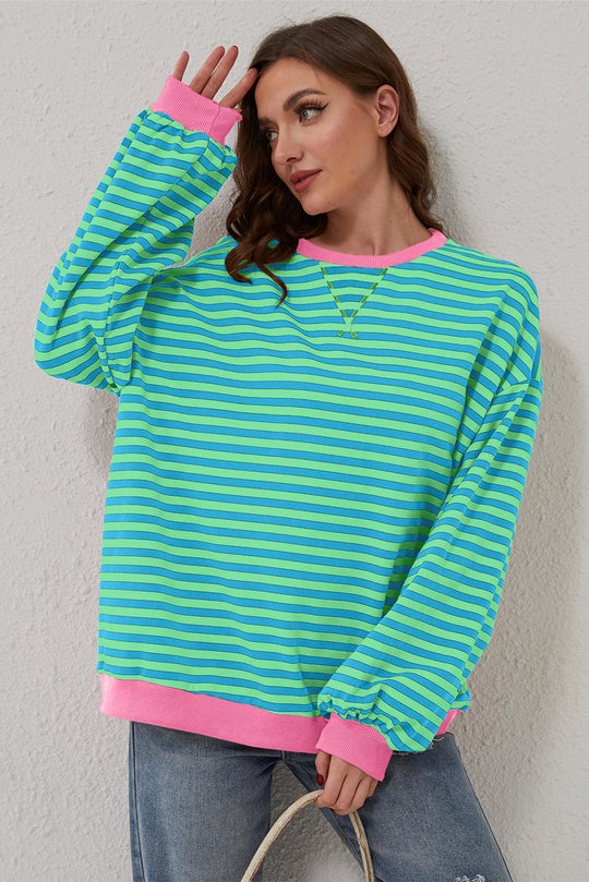 Bella Love Boutique California LLC Tops/Sweatshirts & Hoodies Sky Blue Stripe Oversized Contrast Trim Pullover Sweatshirt