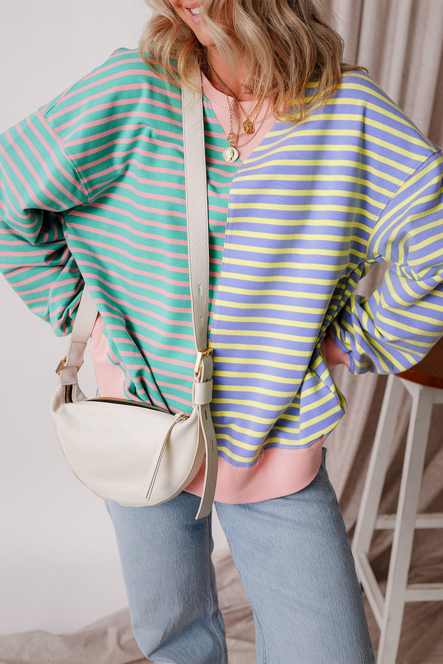 Bella Love Boutique California LLC Tops/Sweatshirts & Hoodies Sky Blue Stripe / S / 95%Cotton+5%Elastane Casual Stripe Colorblock Drop Shoulder Oversize Sweatshirt