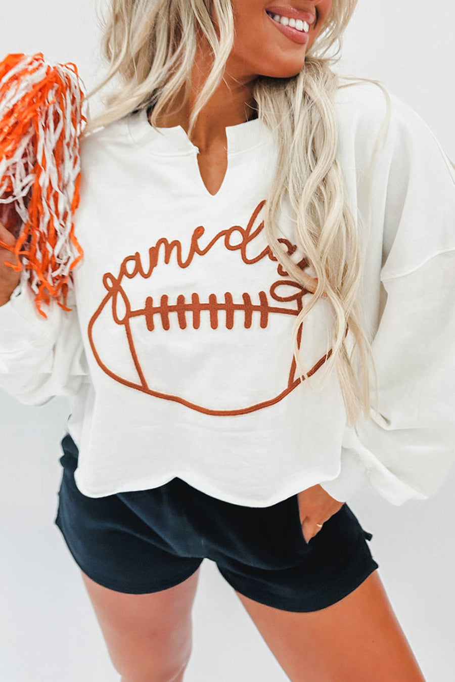 White Game Day Lettering Rugby Football Notched Neck Sweatshirt