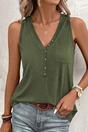 Jungle Green Half Button V Neck Patched Pocket Tank Top