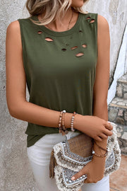Bella Love Boutique California LLC Tops/Tank Tops Jungle Green Solid Color Distressed Holes Crew Neck Tank Top