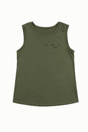 Bella Love Boutique California LLC Tops/Tank Tops Jungle Green Solid Color Distressed Holes Crew Neck Tank Top