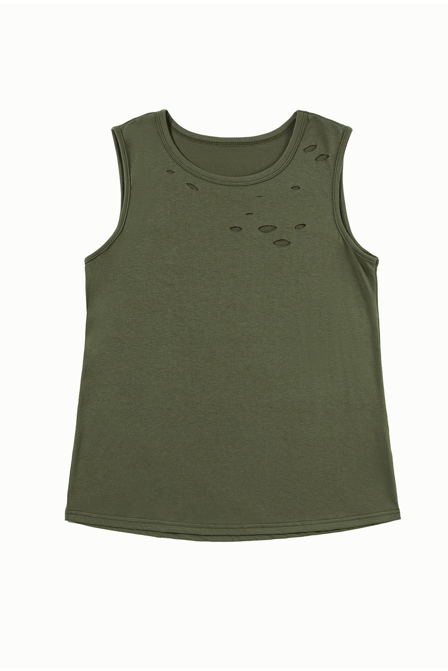 Bella Love Boutique California LLC Tops/Tank Tops Jungle Green Solid Color Distressed Holes Crew Neck Tank Top