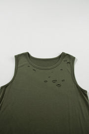 Bella Love Boutique California LLC Tops/Tank Tops Jungle Green Solid Color Distressed Holes Crew Neck Tank Top